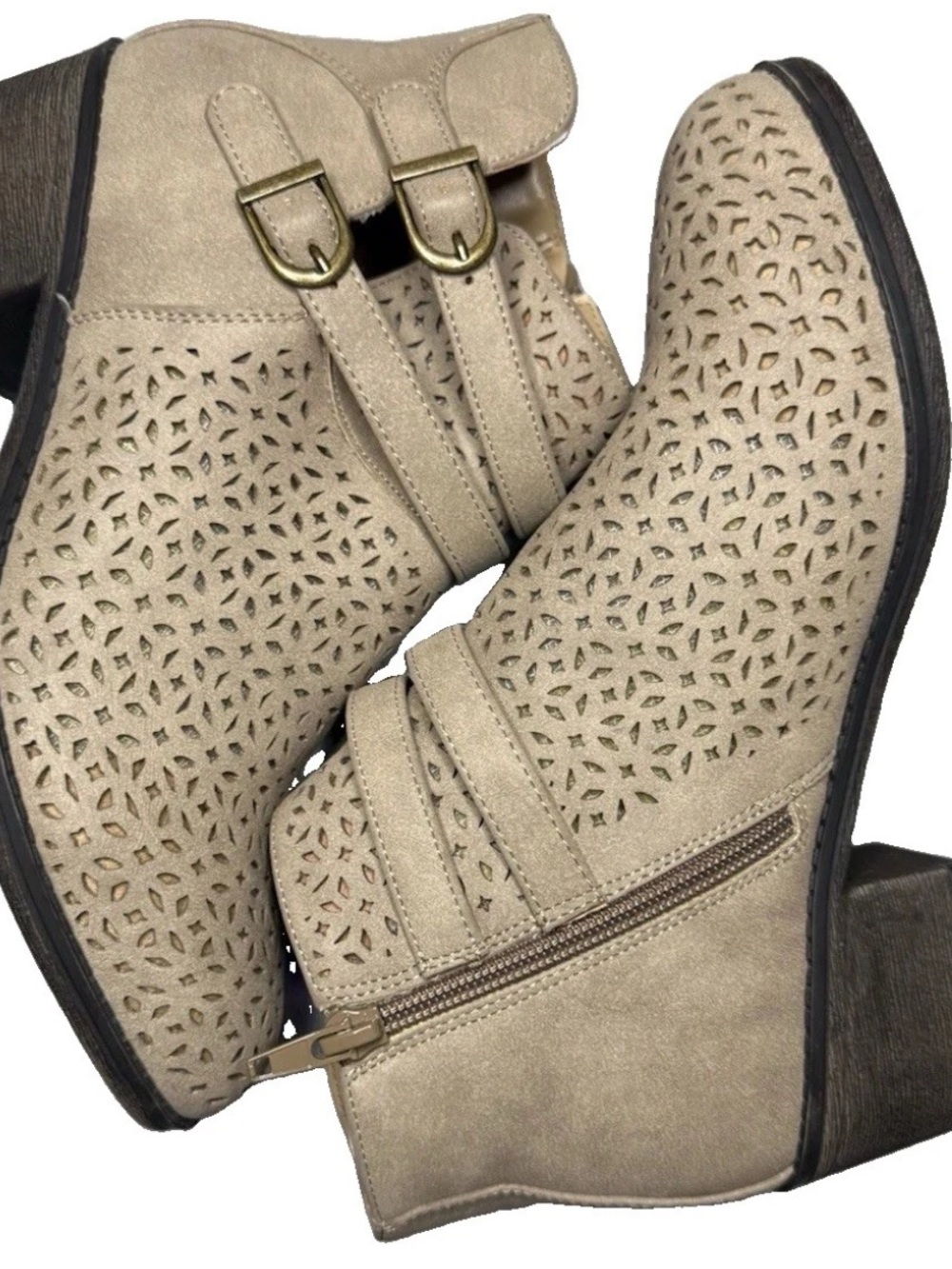 Women’s Fall Ankle Boots Tan Faux Suede Perforated Cutout Buckle Western Boho 7